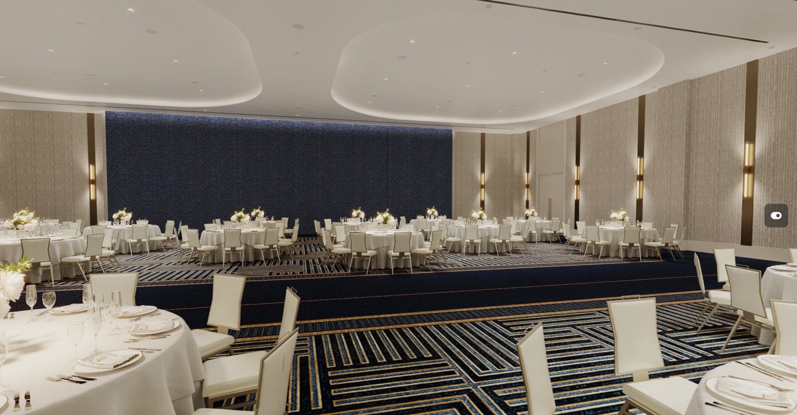 Coral Ballroom set with round banquet tables