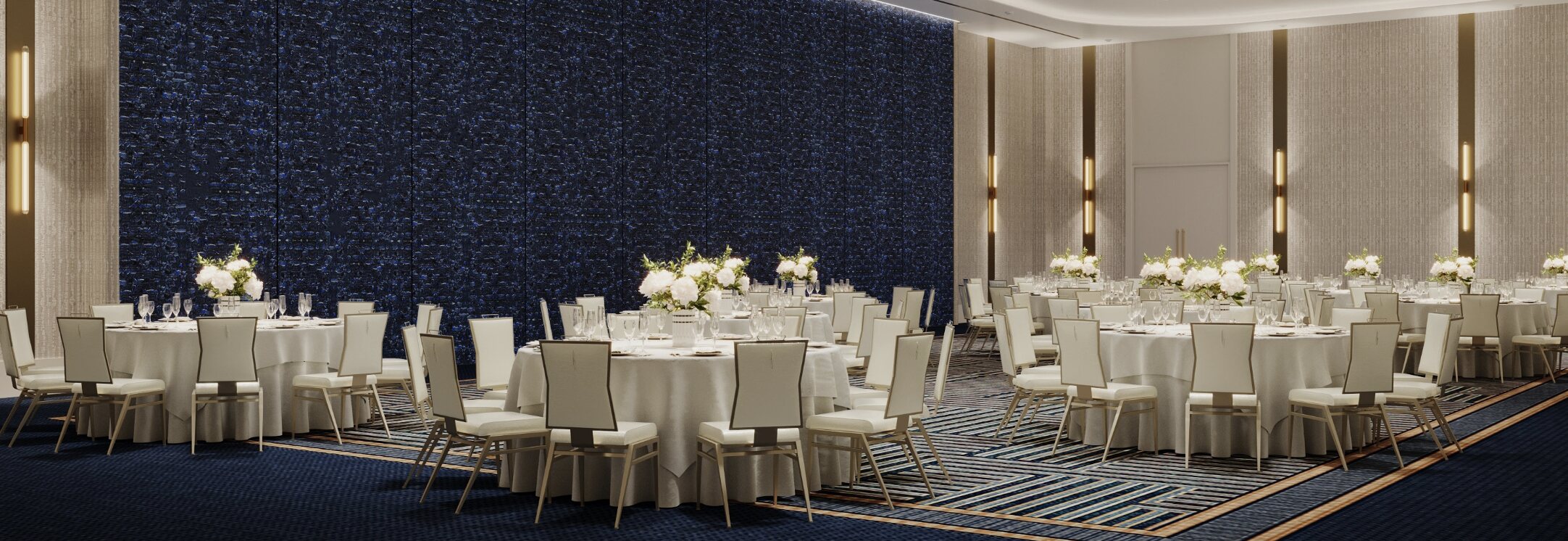 Panoramic view of the Coral Ballroom set for a banquet