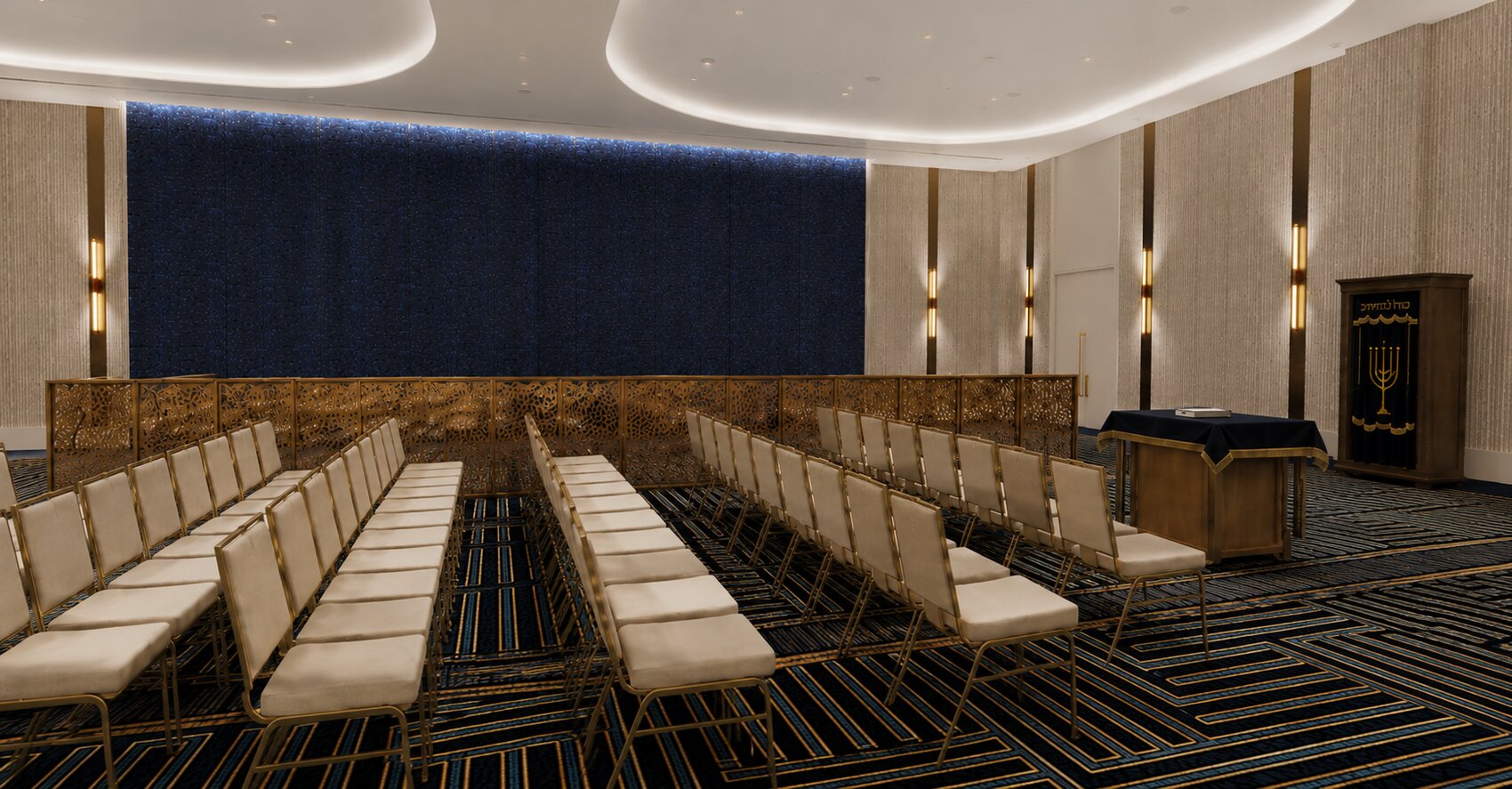 The grand Coral Ballroom set as a shul with aron kodesh, bimah and mechitza