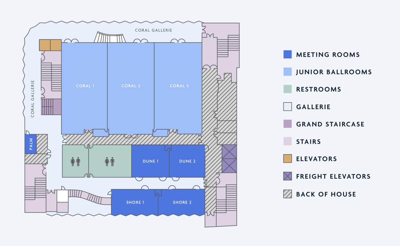 Second-floor plan showing Shore 1, Shore 2 and the Dune rooms