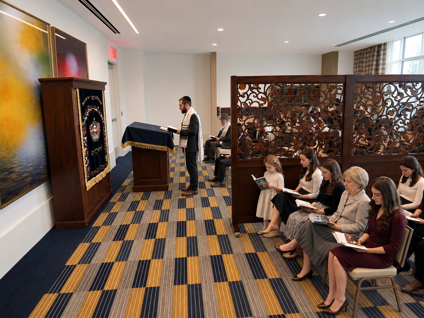 Rendering of the room set as a shul with people davening
