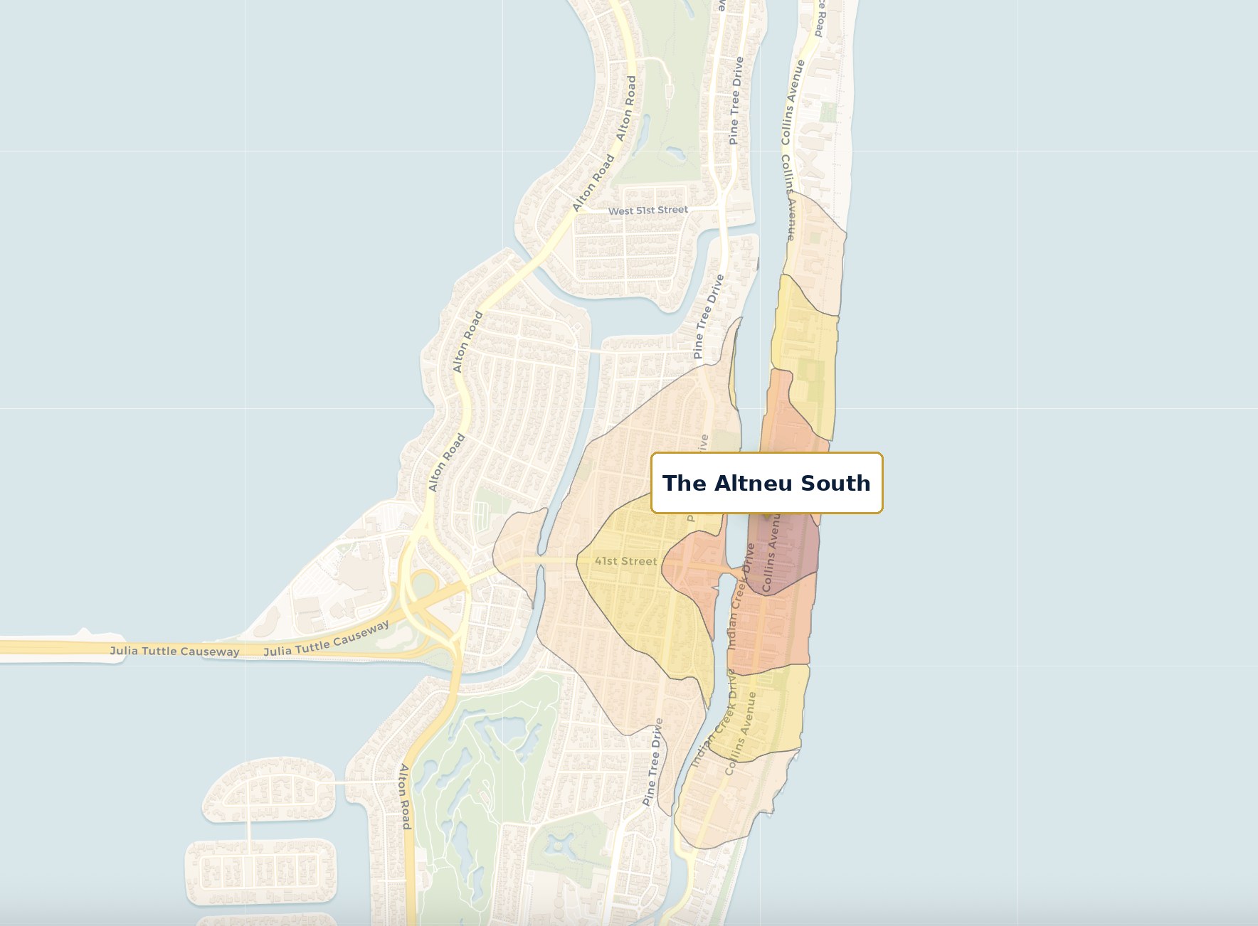 Walking-distance heat map radiating from The Altneu South across Mid Beach